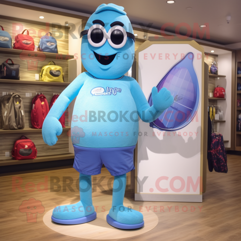 Sky Blue Spinach mascot costume character dressed with a Board Shorts and Handbags