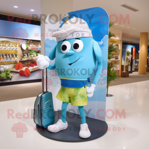 Sky Blue Spinach mascot costume character dressed with a Board Shorts and Handbags