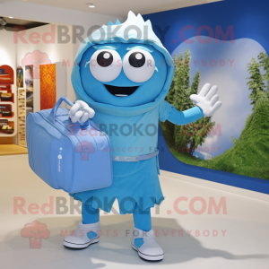 Sky Blue Spinach mascot costume character dressed with a Board Shorts and Handbags