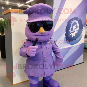 Lavender Army Soldier mascot costume character dressed with a Shift Dress and Sunglasses