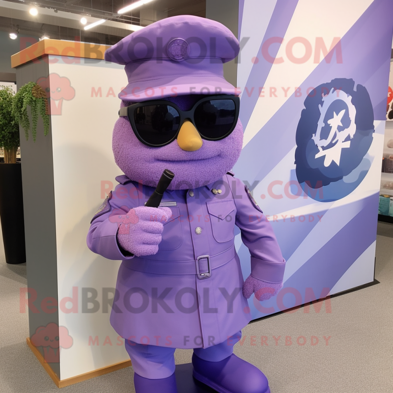 Lavender Army Soldier mascot costume character dressed with a Shift Dress and Sunglasses