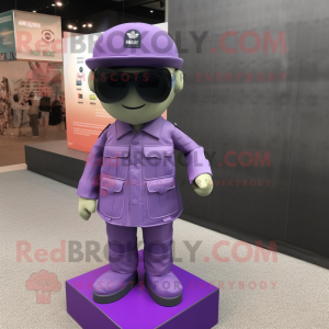 Lavender Army Soldier mascot costume character dressed with a Shift Dress and Sunglasses