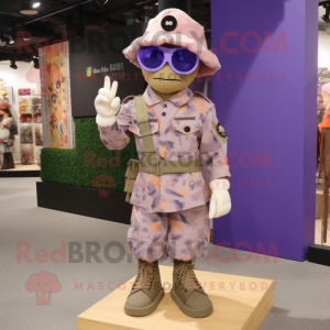 Lavender Army Soldier mascot costume character dressed with a Shift Dress and Sunglasses