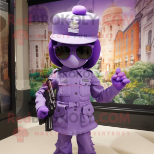 Lavender Army Soldier mascot costume character dressed with a Shift Dress and Sunglasses