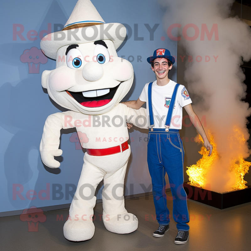 White Fire Eater mascot costume character dressed with a Boyfriend Jeans and Suspenders