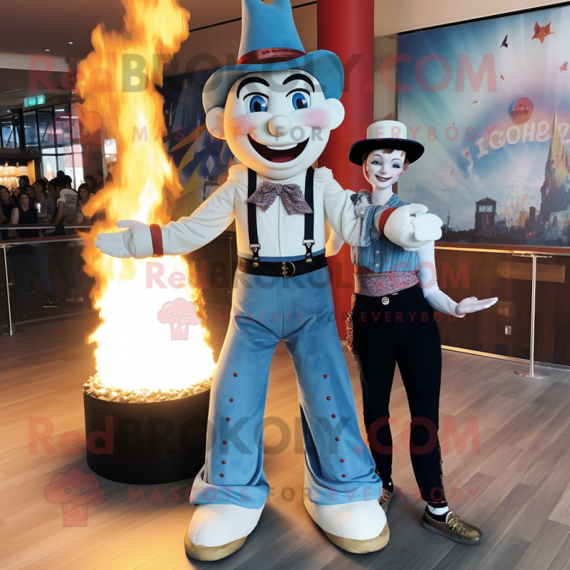 White Fire Eater mascot costume character dressed with a Boyfriend Jeans and Suspenders