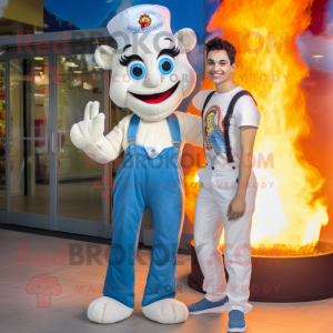 White Fire Eater mascot costume character dressed with a Boyfriend Jeans and Suspenders