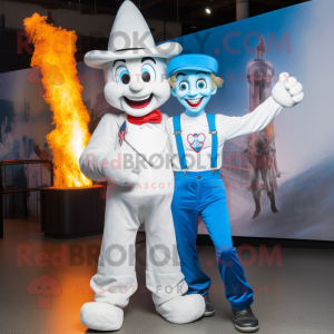 White Fire Eater mascot costume character dressed with a Boyfriend Jeans and Suspenders