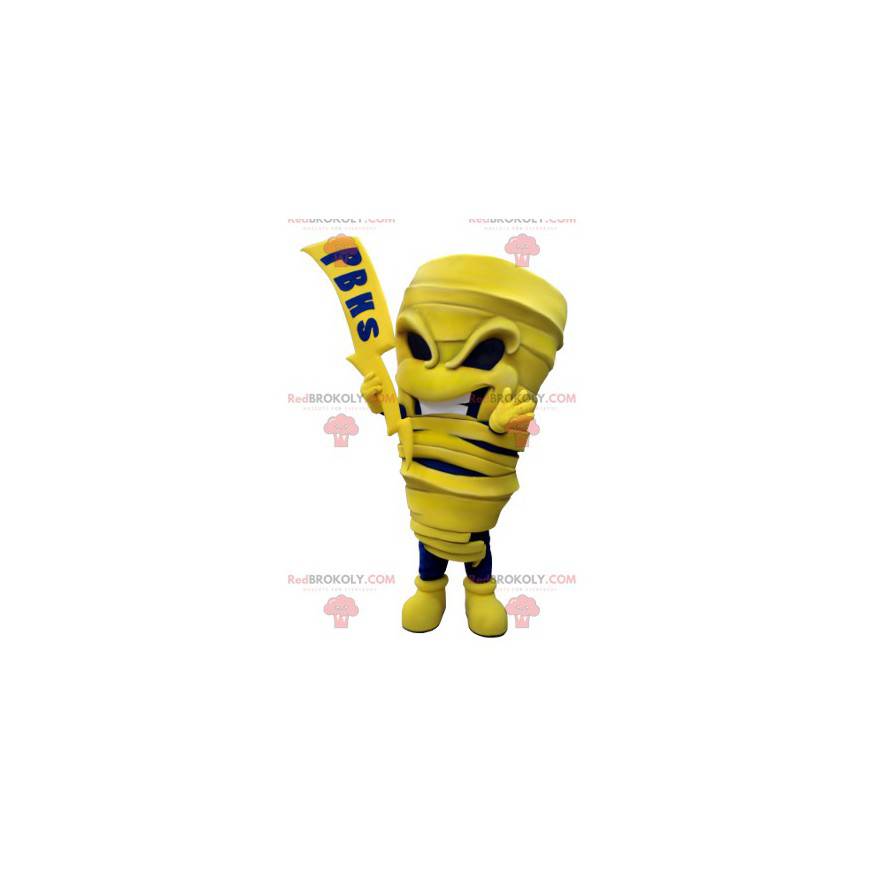 Mascot yellow and blue mummy with a lightning bolt -