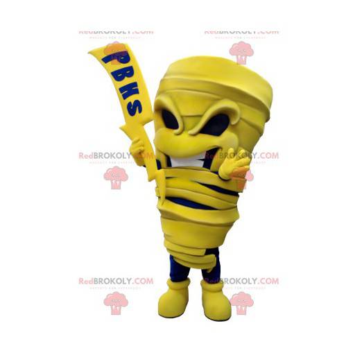 Mascot yellow and blue mummy with a lightning bolt -