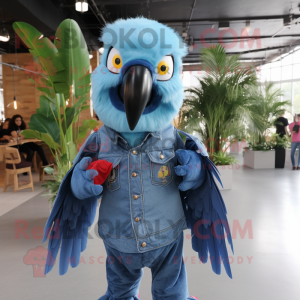 Sky Blue Macaw mascot costume character dressed with a Denim Shirt and Hair clips