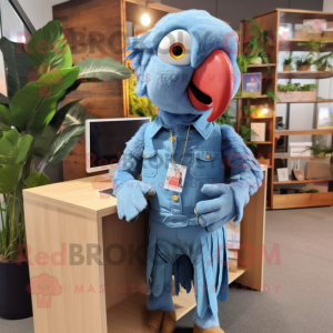 Sky Blue Macaw mascot costume character dressed with a Denim Shirt and Hair clips