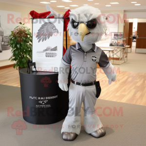 Silver Hawk mascot costume character dressed with a Polo Tee and Tote bags