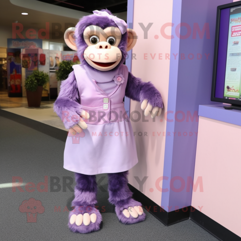 Lavender Chimpanzee mascot costume character dressed with a Blouse and Shoe clips