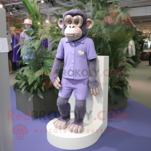 Lavender Chimpanzee mascot costume character dressed with a Blouse and Shoe clips