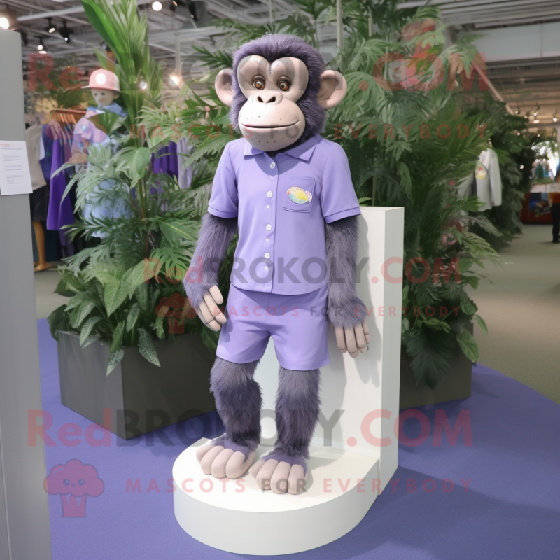Lavender Chimpanzee mascot costume character dressed with a Blouse and Shoe clips Lavender Chimpanzee mascot costume character dressed with a Blouse and Shoe clips