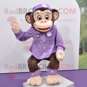 Lavender Chimpanzee mascot costume character dressed with a Blouse and Shoe clips