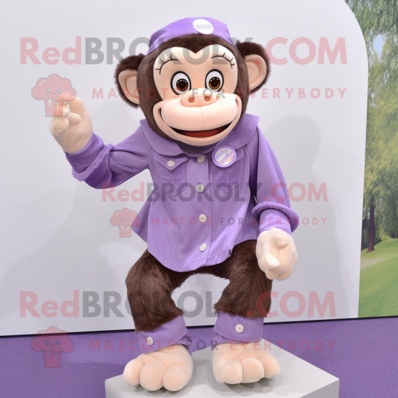 Lavender Chimpanzee mascot costume character dressed with a Blouse and Shoe clips Lavender Chimpanzee mascot costume character dressed with a Blouse and Shoe clips