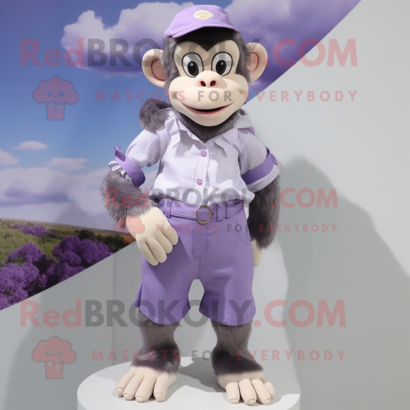 Lavender Chimpanzee mascot costume character dressed with a Blouse and Shoe clips