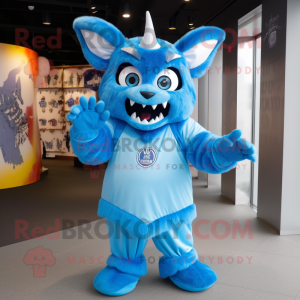Sky Blue Devil mascot costume character dressed with a Parka and Caps