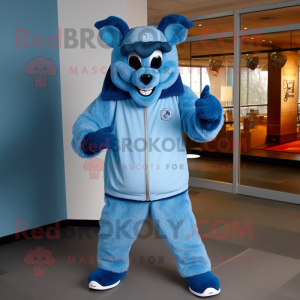 Sky Blue Devil mascot costume character dressed with a Parka and Caps