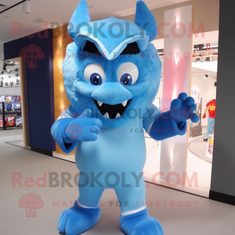 Sky Blue Devil mascot costume character dressed with a Parka and Caps Sky Blue Devil mascot costume character dressed with a Parka and Caps