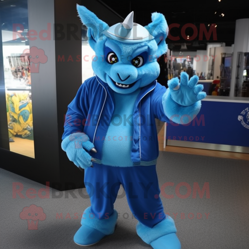 Sky Blue Devil mascot costume character dressed with a Parka and Caps