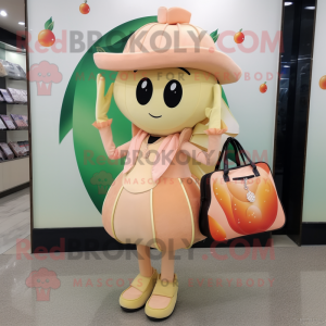 Peach Champagne mascot costume character dressed with a Sheath Dress and Messenger bags