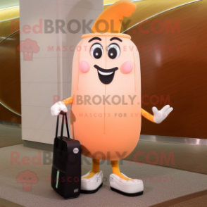 Peach Champagne mascot costume character dressed with a Sheath Dress and Messenger bags