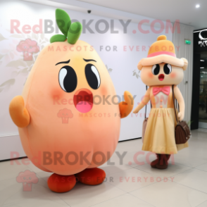 Peach Champagne mascot costume character dressed with a Sheath Dress and Messenger bags