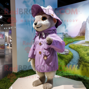 Lavender Flying Squirrel mascot costume character dressed with a Raincoat and Berets
