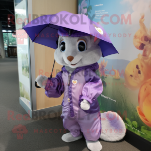 Lavender Flying Squirrel mascot costume character dressed with a Raincoat and Berets