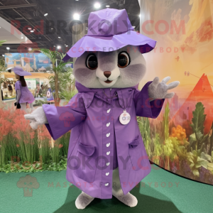 Lavender Flying Squirrel mascot costume character dressed with a Raincoat and Berets