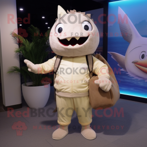 Beige Tuna mascot costume character dressed with a Joggers and Clutch bags