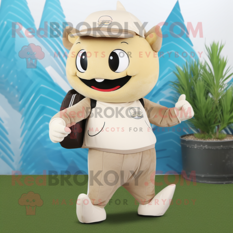 Beige Tuna mascot costume character dressed with a Joggers and Clutch bags