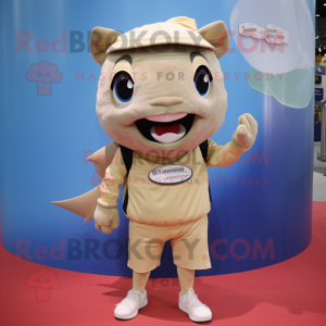 Beige Tuna mascot costume character dressed with a Joggers and Clutch bags