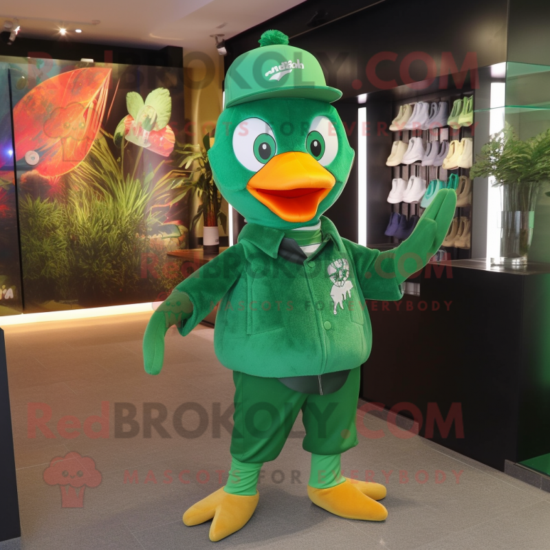 Forest Green Dove mascot costume character dressed with a Flare Jeans and Headbands Forest Green Dove mascot costume character dressed with a Flare Jeans and Headbands