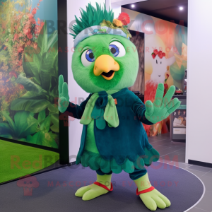 Forest Green Dove mascot costume character dressed with a Flare Jeans and Headbands