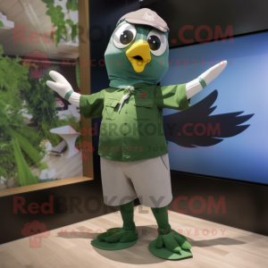 Forest Green Dove mascot costume character dressed with a Flare Jeans and Headbands