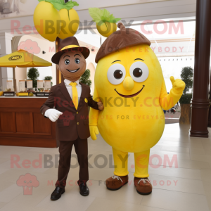 Brown Lemon mascot costume character dressed with a Vest and Ties