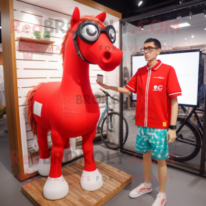 Red Horse mascot costume character dressed with a Board Shorts and Eyeglasses