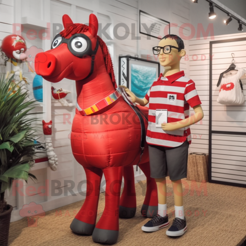 Red Horse mascot costume character dressed with a Board Shorts and Eyeglasses