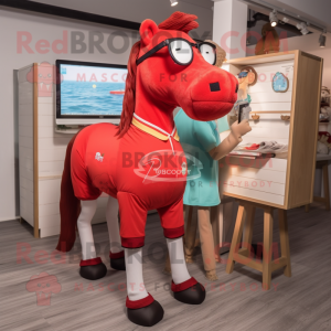 Red Horse mascot costume character dressed with a Board Shorts and Eyeglasses