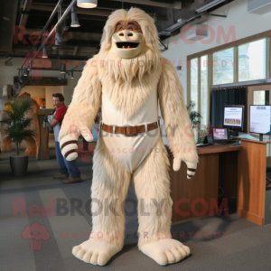 Cream Sasquatch mascot costume character dressed with a Henley Shirt and Suspenders