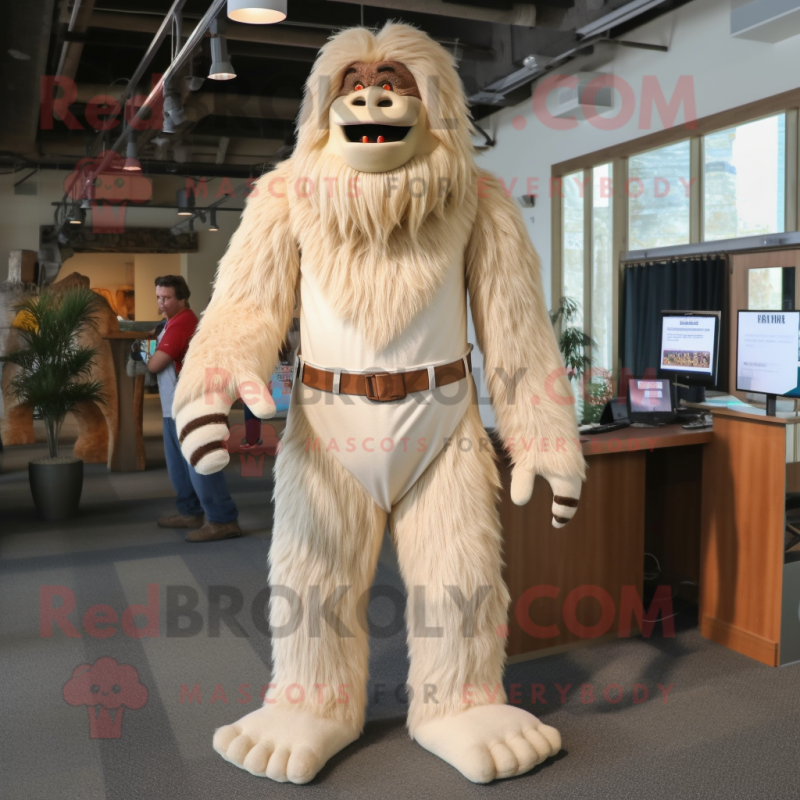 Cream Sasquatch mascot costume character dressed with a Henley Shirt and Suspenders Cream Sasquatch mascot costume character dressed with a Henley Shirt and Suspenders