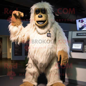 Cream Sasquatch mascot costume character dressed with a Henley Shirt and Suspenders