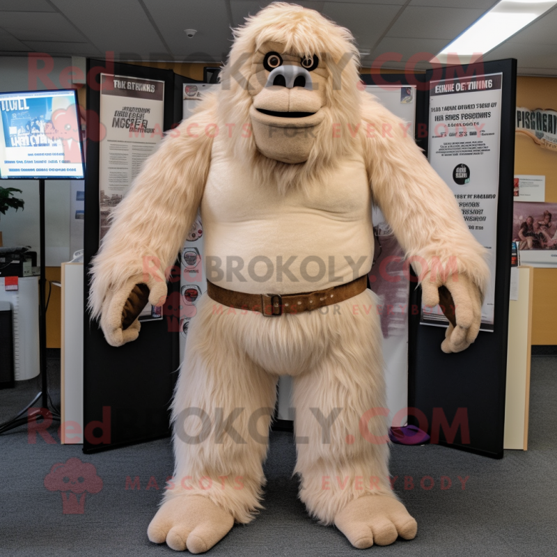 Cream Sasquatch mascot costume character dressed with a Henley Shirt and Suspenders Cream Sasquatch mascot costume character dressed with a Henley Shirt and Suspenders