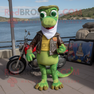 Olive Loch Ness Monster mascot costume character dressed with a Moto Jacket and Keychains