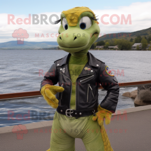 Olive Loch Ness Monster mascot costume character dressed with a Moto Jacket and Keychains