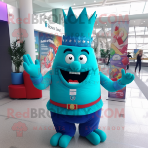 Turquoise Queen mascot costume character dressed with a Trousers and Hats